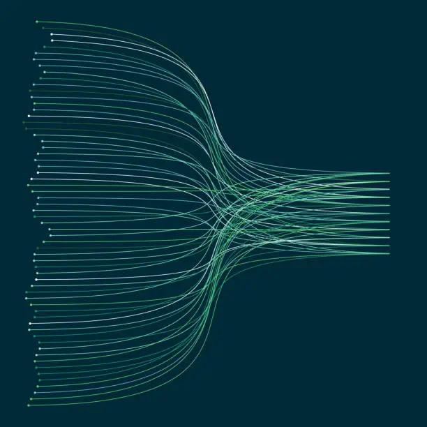 Vector illustration of Flowing green lines converging and diverging on a dark background.