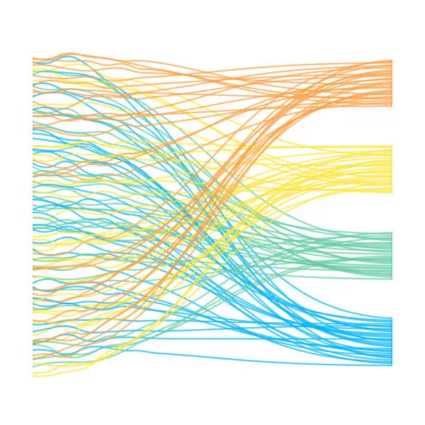 Vector illustration of From chaos to order: Multicolored lines transitioning from a tangled weave on the left to organized, parallel streams on the right.