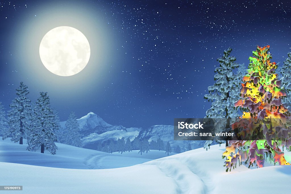 クリスマスツリーの冬の月明かりに照らされた夜の風景 - 冬のロイヤリティフリーストックフォト
