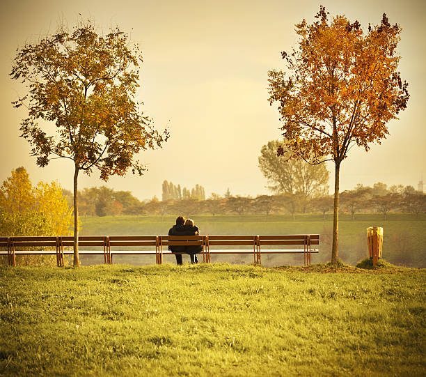 istock Autumn Landscape With Two Trees And Couple On Bench 175191743