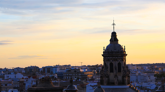 Panorama view of  the Seville Cathedral (Catedral de Santa Maria de la Sede de Sevilla) view from the observation platformcity skyline with sunset view