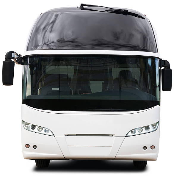 aislado blanco recorrido en autobús-vista frontal (clipping path (borde de corte)) - bus coach bus travel isolated fotografías e imágenes de stock