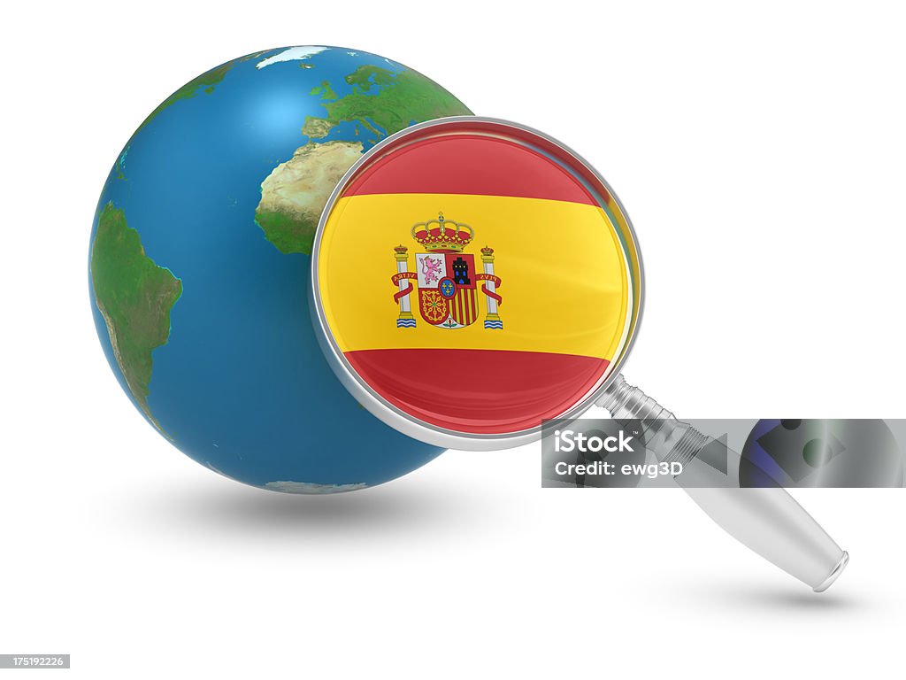 Modelo de tierra y microscopio con bandera española - Foto de stock de Bandera libre de derechos
