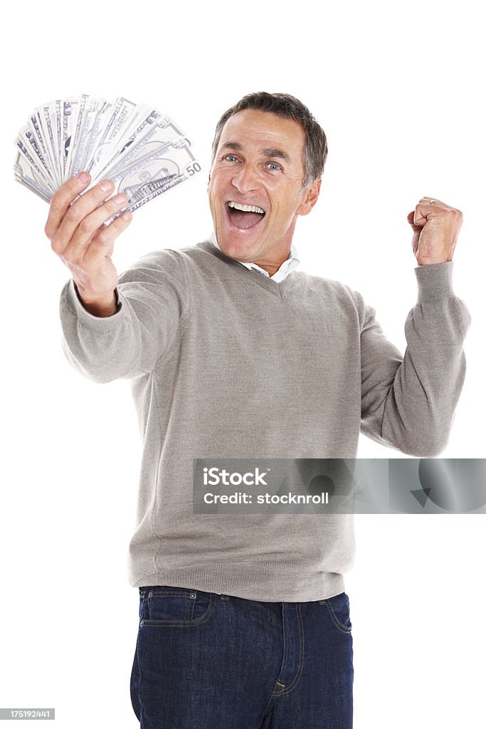 Euphorique mature guy gagner beaucoup d'argent - Photo de Monnaie libre de droits