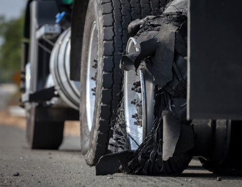 Detailed image of a tire blowout of a truck disabled on the side of the road. Canon 5D MarkII.