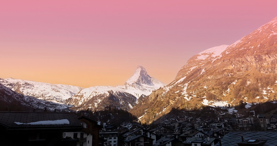 Panoramic scene with sunset view of banner Matterhorn and snow mountains  view at Gornergrat, Switzerland