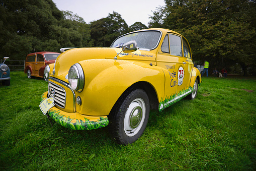 Pembrokeshire, United Kingdom - September 10, 2023: Morris Minor car - known as the 'Moggie' and built in England from 1948 until 1972, photographed at a rally at Scolton Manor, Pembrokeshire, Wales, to celebrate the 75th Anniversary of the marque. Also celebrating its 75 Anniversary is the Marie Curie cancer charity and this Morris Minor advertises that fact.