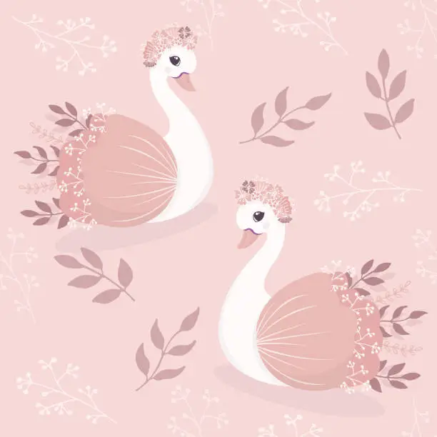 Vector illustration of Cute Little pink Princess Swan seamless pattern