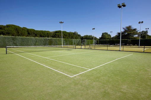 Open air tennis courts. Nobody. Copy space. Tournament