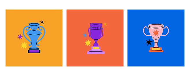 Abstract cup. Gold goblet set. Competition and tournament golden winner prize. Business award, game victory sign, doodle trophy. Bright colorful. Achievement icons. Vector modern cartoon illustration