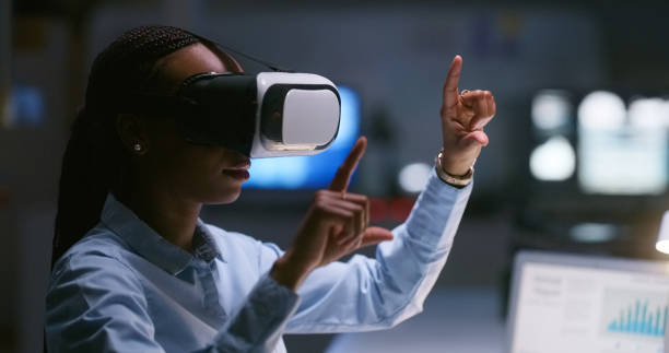 istock Business woman, augmented reality glasses and night with hand, metaverse development and coding in workplace. Developer, programming and vr vision for futuristic interface, 3d user experience or test 1751941022