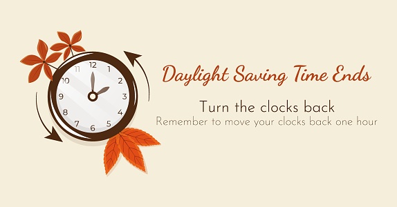 Turn clocks back one hour, Daylight Saving Time Ends web reminder banner. Fall Back time. Picture of clocks with arrow hand turning back an hour. Minimalist web banner.