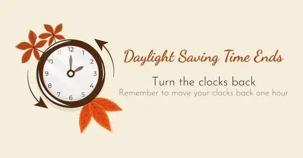 Vector illustration of Turn clocks back one hour, Daylight Saving Time Ends web reminder banner. Fall Back time. Picture of clocks with arrow hand turning back an hour. Minimalist web banner.