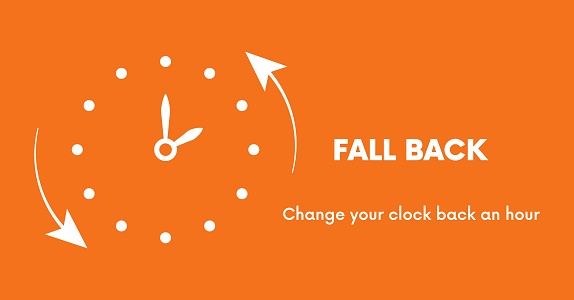 Daylight Saving Time ends, banner. Graphic minimalist clock with turning clock hands to winter time. Fall backward concept. Vector illustration