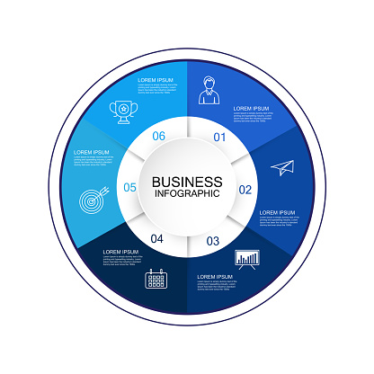 Circle business infographics vector design template with 6 options