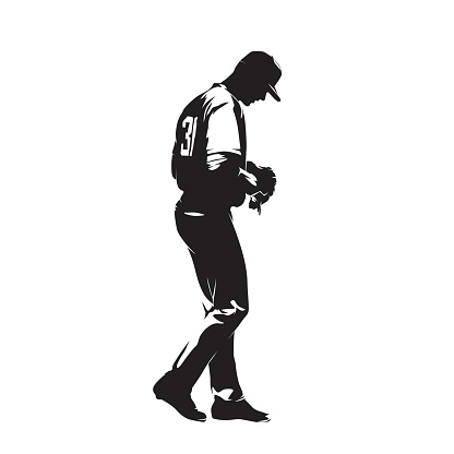 Baseball player, pitcher standing, side view. Isolated vector silhouette