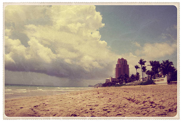 Fort Lauderdale Beach - Vintage Postcard "Retro-styled postcard of the beachfront in Fort Lauderdale, Florida -- all artwork is my own.For hundreds of similar vintage postcards from around the world, click the banner below:" postcard photos stock pictures, royalty-free photos & images