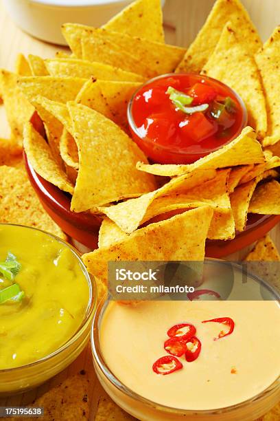 Mix Of Dips With Nachos Stock Photo - Download Image Now - Appetizer, Chili Pepper, Close-up