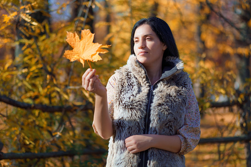 Portrait of a beautiful woman in an autumn park. She is smiling and happy, holding a yellow maple leaf in her hands. Bright sunny day and beautiful nature.