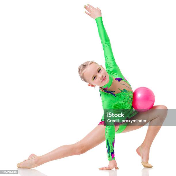 Gymnast Girl With Rhythmic Ball Isolated On White Stock Photo - Download Image Now - 8-9 Years, Acrobat, Adults Only