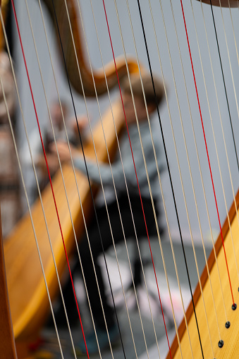 A little boy playing the harp