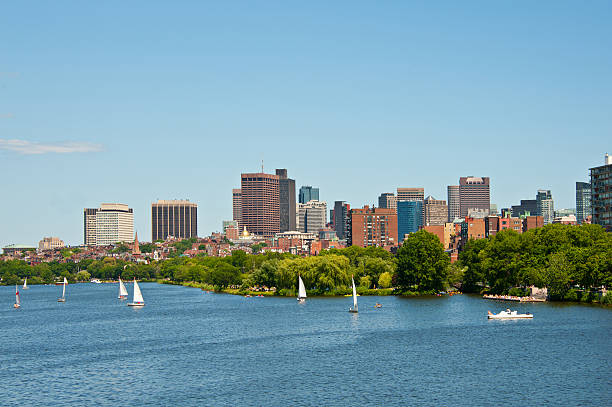charles river 및 보스턴 파노라마 - boston aerial view charles river residential structure 뉴스 사진 이미지