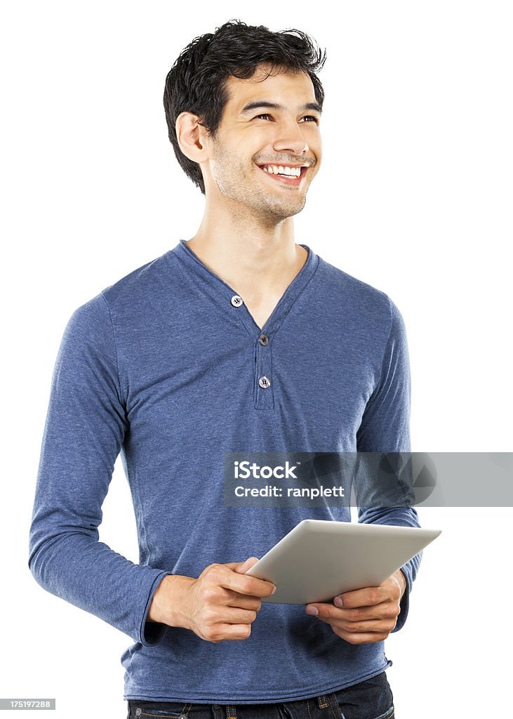 笑う若い男性のタブレット、白で分離 - 男性のロイヤリティフリーストックフォト