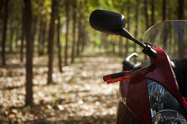 Red sport motocycle in the forest road.(part of vehicle)