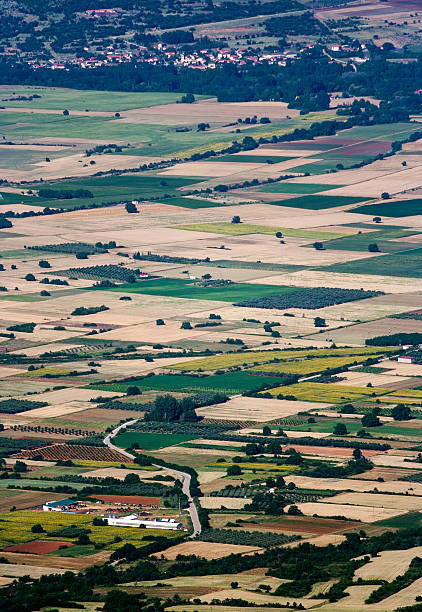 Aerial view of houses and fields stock photo