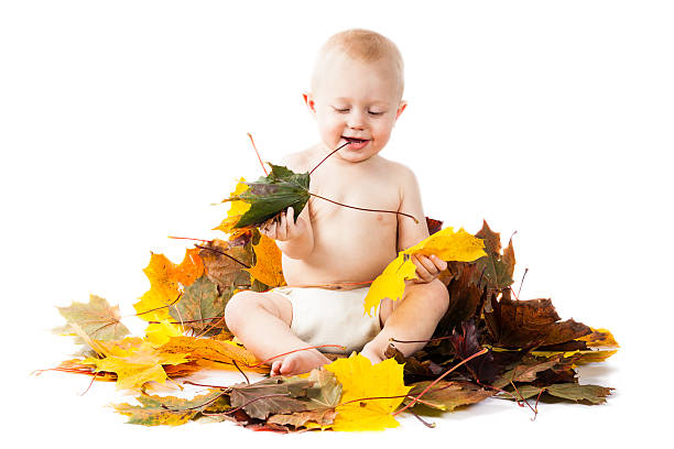 Caucasian baby in cloth diaper sitting on colorful autumn leaves stock photo