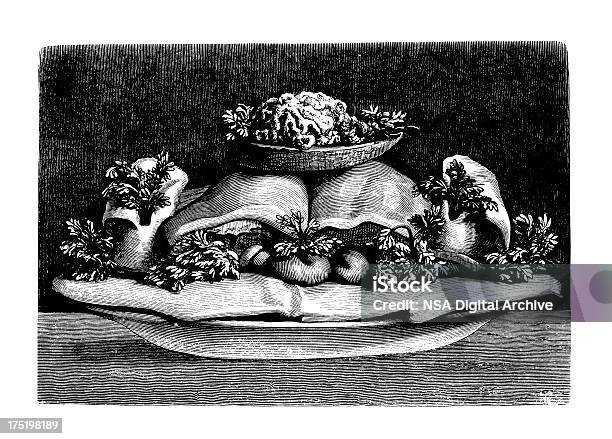 Biała Posiłku Antykami Ilustracjekulinarne - Stockowe grafiki wektorowe i więcej obrazów Białe tło - Białe tło, Cielęcina, Francuska kuchnia