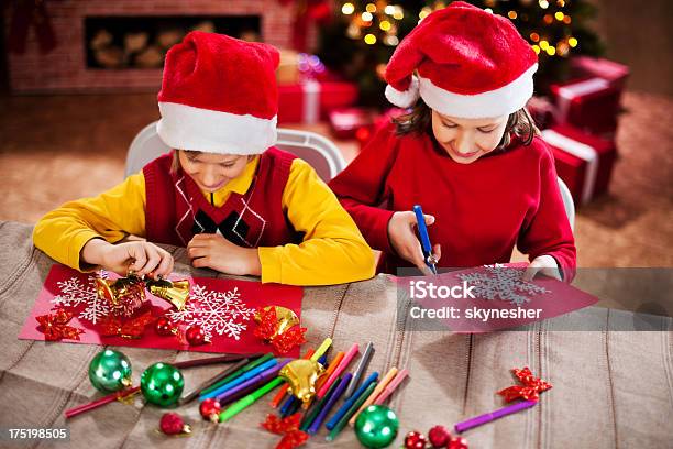 Beautiful Kids Making Christmas Cards Stock Photo - Download Image Now - Christmas Card, Child, Making