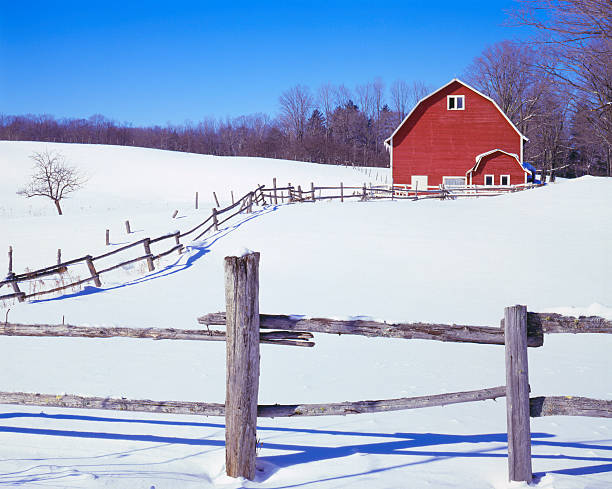 istock Vermont winter, wooden fence and barn 175199468