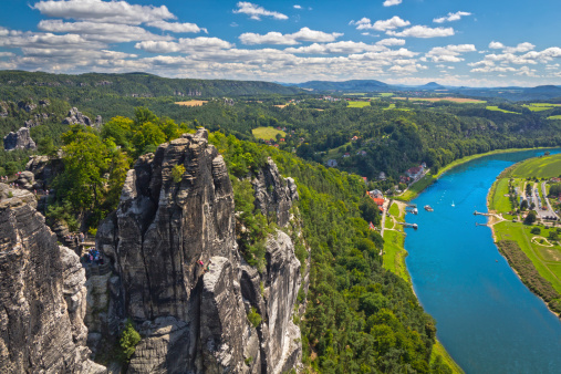 Famous view from Bastei Rocks in german national park on river Elbe, Germany 