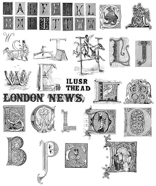 Retro Alphabet Letters Vintage engraving of miscellaneous retro vintage letters pre 1880 antique illustration of ornate letter f stock illustrations