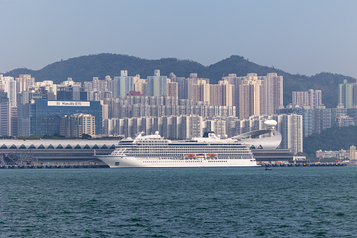 Hong Kong - October 23, 2023 : General view of the Viking Orion Cruise Ship at Kai Tak Cruise Terminal, Hong Kong.
