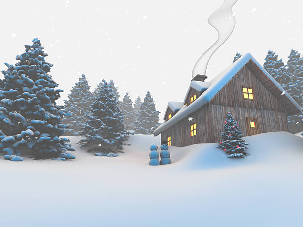 Old abandoned wooden cottage in snowy winter forest