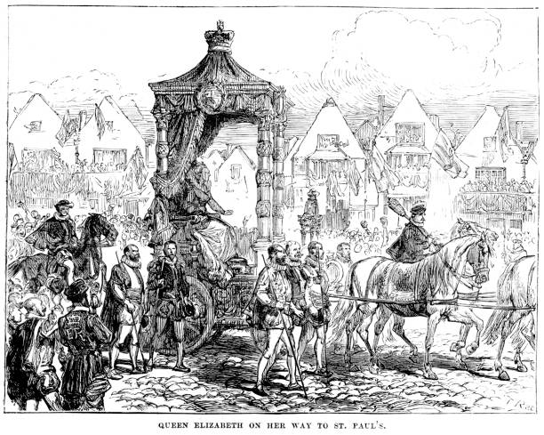 Queen Elizabeth I "Vintage engraving showing Queen Elizabeth I on her way to St Paul's, London." elizabeth i of england photos stock illustrations