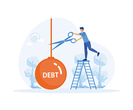 Cutting debt, businessman's hand holding scissors to cut debt, Financial illiteracy and debt, bankruptcy and mortgage. flat vector modern illustration