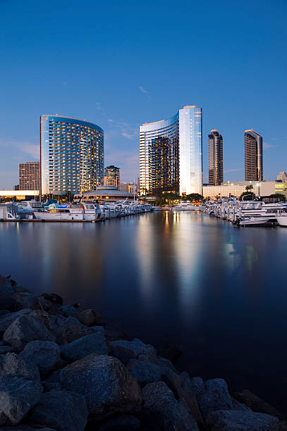 San Diego skyline and Marina Downtown San Diego at night marina california stock pictures, royalty-free photos & images