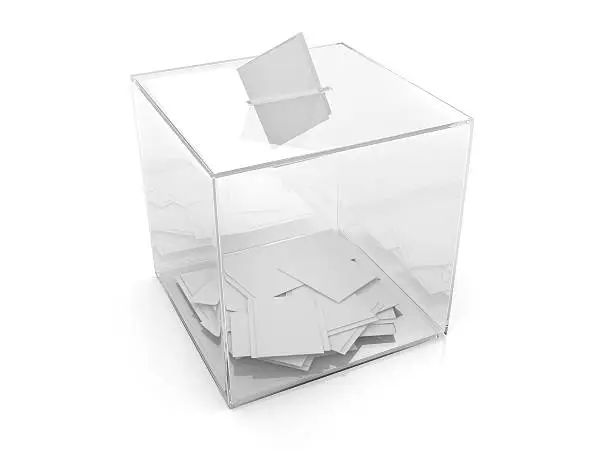 "Transparent ballot box with votes, 3d render"