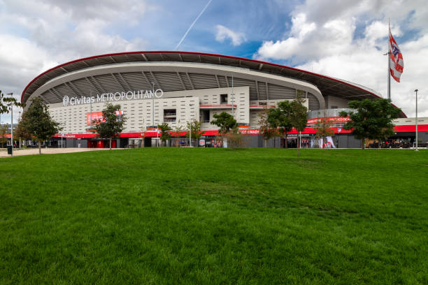 The Civitas Metropolitano currently the stadium of Atletico de Madrid, located near Barajas Airport Madrid, Spain 10-16-2023 the Metropolitano currently the stadium of Atletico de Madrid, one of the professional football clubs in Madrid. The stadium was intentionally built for 2016 Olympic games tournament of roses stock pictures, royalty-free photos & images