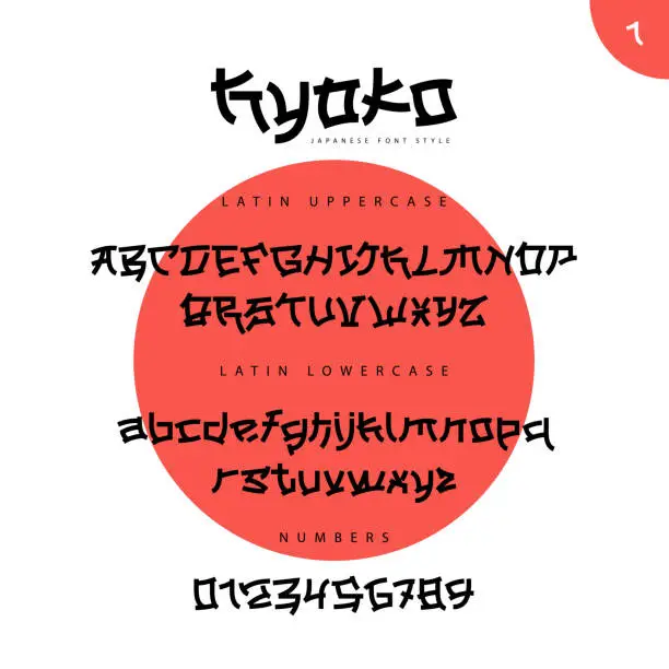 Vector illustration of English alphabet. Laconic font in Japanese style. A font inspired by Japan. Lowercase and uppercase letters, and numbers. Vector alphabet.