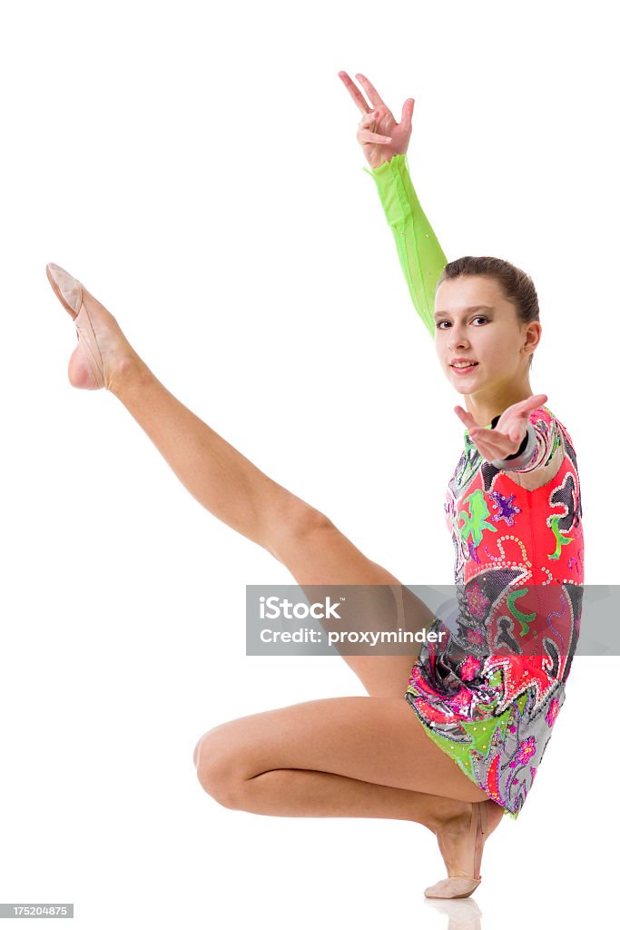 Gymnast 여자아이 흰색 바탕에 그림자와 - 로열티 프리 현대 무용 스톡 사진