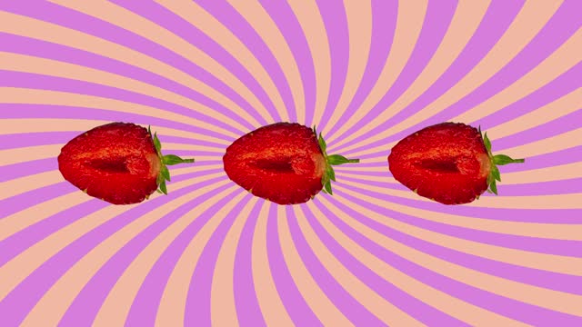 Dancing strawberry fruit sunburst music DJ song background rainbow color abstract loop 4K animation. Retro style groovy colorful hippie cartoon summer motion graphic transition Multicolor wavy stripes