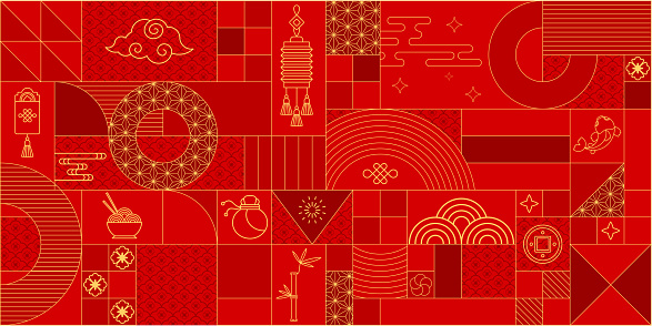 Modern classical geometric traditional chinese banner. Flat vector lunar China New Year decoration. Ornamental design for card, invitation and social media. Holiday background.