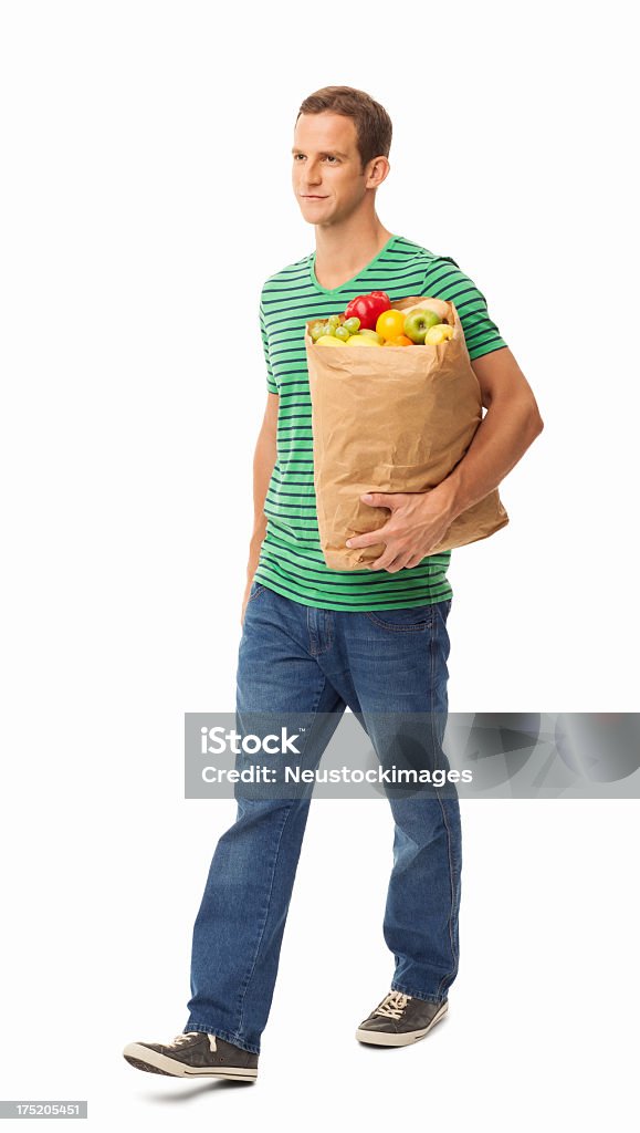 Hombre caminando con bolsa de comestibles aislado - Foto de stock de Andar libre de derechos