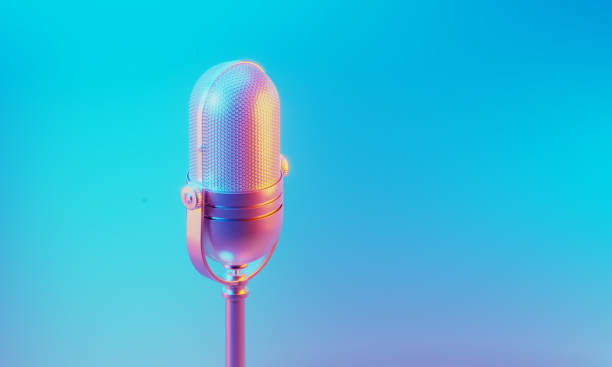 istock Microphone Illuminated By Blue And Pink Lights On Blue And Pink Background 1752058194