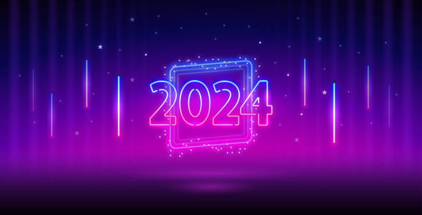 Ano Novo 2024 Neon Vector Clip Art - ilustração de arte em vetor