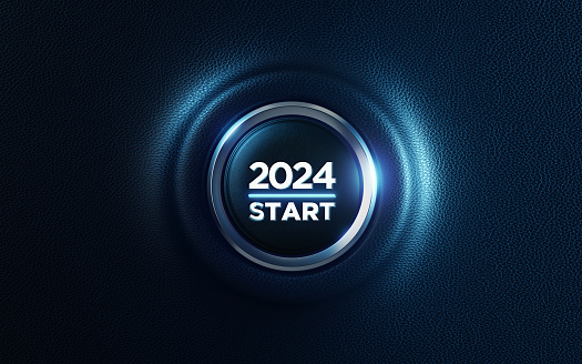 2024 start button on dashboard. Horizontal composition with copy space and selective focus. 2023 new year concept.